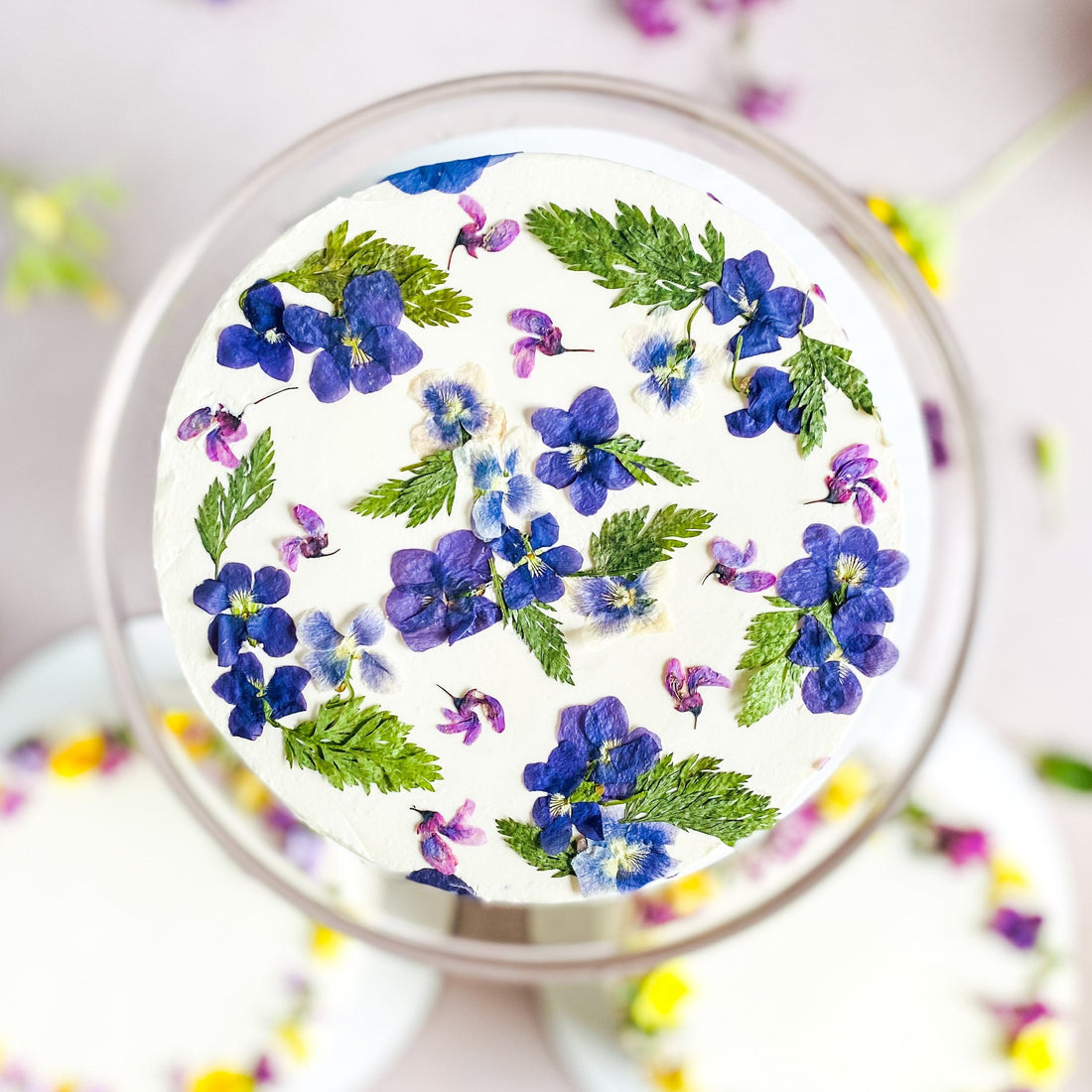 Top-down view of a cake frosted with smooth, white buttercream and decorated with pressed flowers and leaves.