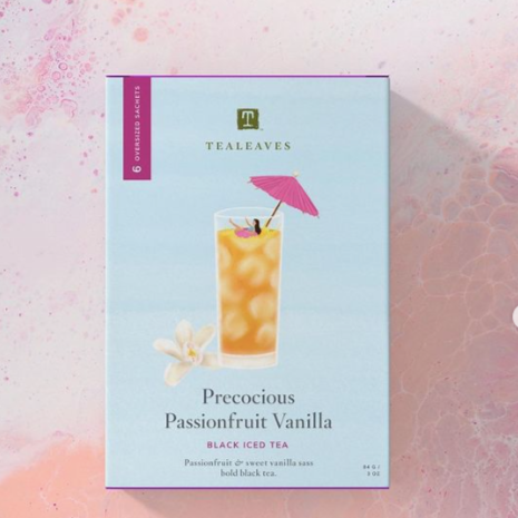 "Tea Leaves: Precocious Passion Fruit Vanilla. 6 oversized sachets. passion fruit and sweet vanilla sass, bold black tea".