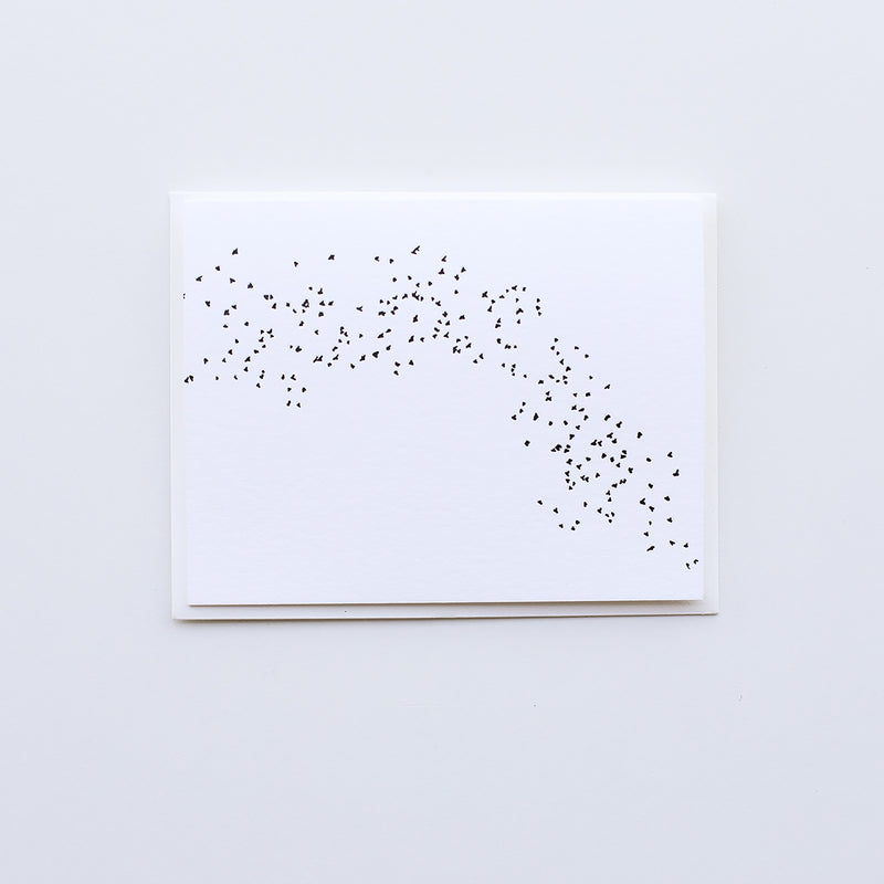 A white card depicting a "murmuration," or a flock or starlings making a synchronized pattern whilst in flight. The card comes with a white envelope.