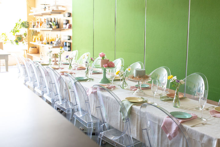 A banquet table set for about 16 people.